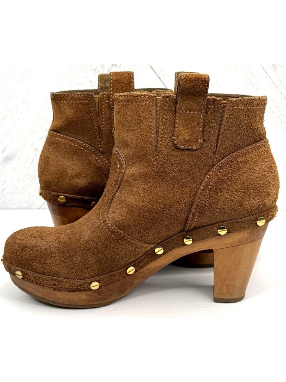 Tory Burch Ginevra Ankle Boots Womens 7 Brown Suede Wooden Clog Studded Platform - Picture 7 of 14